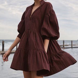 SHONA JOY ELLA BALLOON SLEEVE TIERED MINI DRESS IN CHOCOLATE